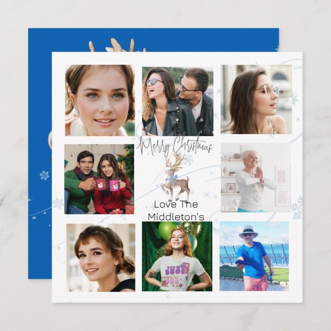 Weihnachtsfamilie Foto Collage Blue Deer Feiertagskarte (Vorne/Hinten)