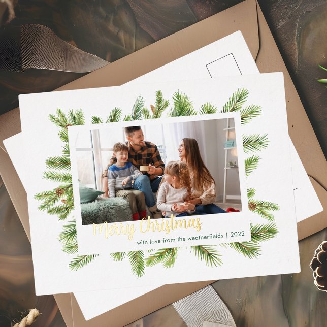 Weihnachtsfamilie Foto Gold Folien Feiertagspostkarte (Family Photo Greenery Christmas Greetings Gold Foil Card)