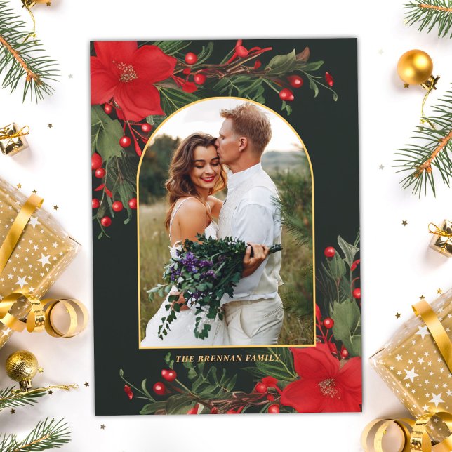 Weihnachtsfamilie Foto Grüne botanische Vegetation Feiertagskarte (Christmas Family Photo Green Botanical Greenery Holiday Card)