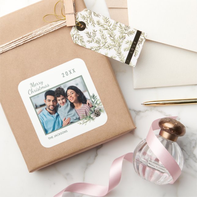 Weihnachtsfamilie Foto-Kiefer Quadratischer Aufkleber (Schenken)