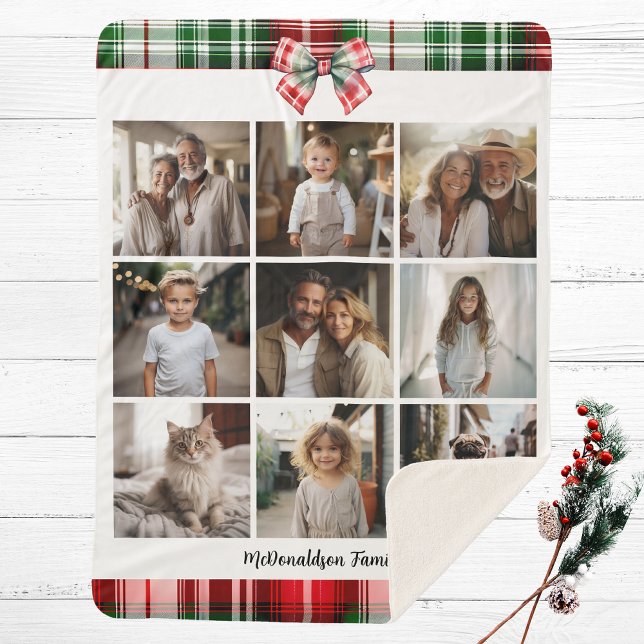 Weihnachtsfamilie Foto Vintag Classic Rustikal Sherpadecke (custon photo name cosy Christmas holiday blanket red green plaid tartan checked theme farmhouse chic)