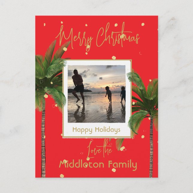 Weihnachtsfamilie Gold Red Tropical Holiday Feiertagspostkarte (Vorderseite)