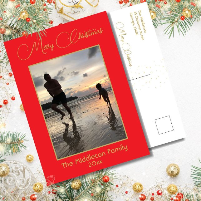 Weihnachtsfamilie Gold Roter Urlaub Feiertagspostkarte (Von Creator hochgeladen)