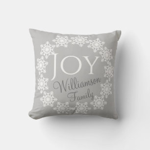 Weihnachtsfamilie JOY Silver Gray White Snowflake Kissen