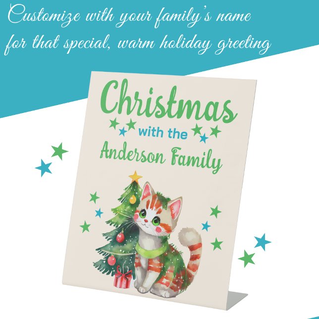 Weihnachtsfamilie Katze und baumblau grün Sockelschild (Von Creator hochgeladen)