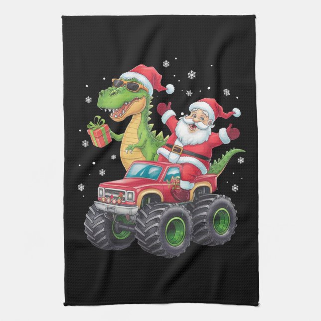 Weihnachtsfamilie Matching Santa Truck Dinosaur Geschirrtuch (Vertikal)