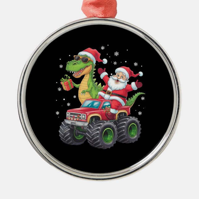 Weihnachtsfamilie Matching Santa Truck Dinosaur Ornament Aus Metall (Vorne)
