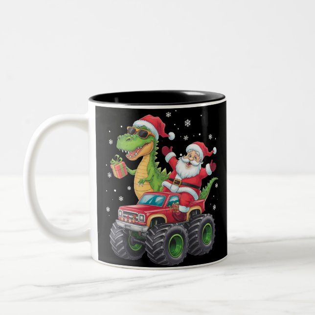Weihnachtsfamilie Matching Santa Truck Dinosaur Zweifarbige Tasse (Links)