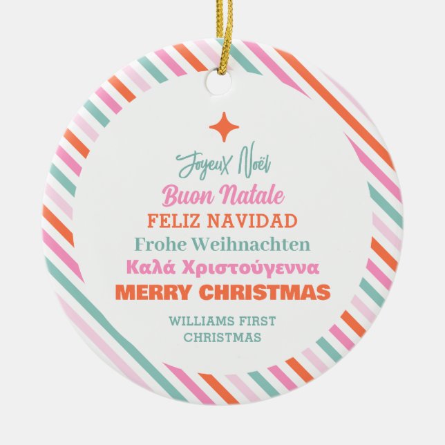 Weihnachtsfamilie Multi Language Tree Keramik Ornament (Vorne)