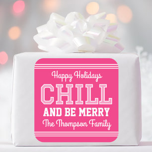 Weihnachtsfamilie Name Typografie Pink Quadratischer Aufkleber