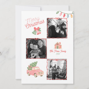 Weihnachtsfamilie Vier Foto-Collage Retro Rosa Rot Feiertagskarte
