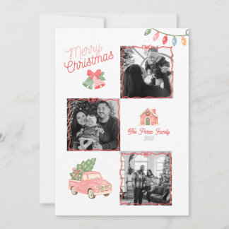 Weihnachtsfamilie Vier Foto-Collage Retro Rosa Rot Feiertagskarte