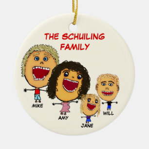 Weihnachtsfamilie von vier Cartoon mit schwangerer Keramikornament