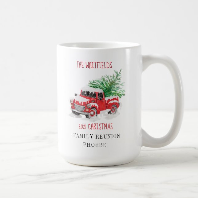 Weihnachtsfamilie Wiedersehen Red Truck Custom Kaffeetasse (Rechts)