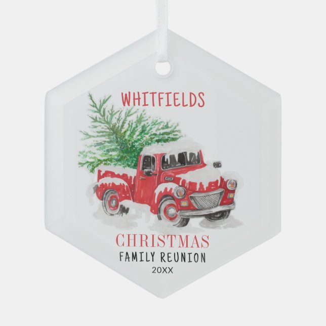 Weihnachtsfamilie Wiedersehen Red Truck Custom Ornament Aus Glas (Vorderseite)