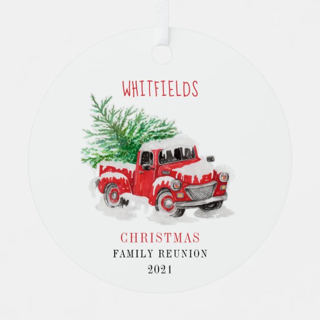 Weihnachtsfamilie Wiedersehen Red Truck Custom Ornament Aus Metall (Vorderseite)