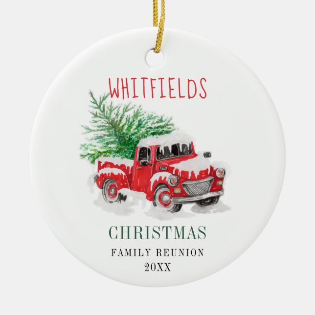 Weihnachtsfamilie Wiedersehen Watercolor Red Truck Keramik Ornament (Vorne)