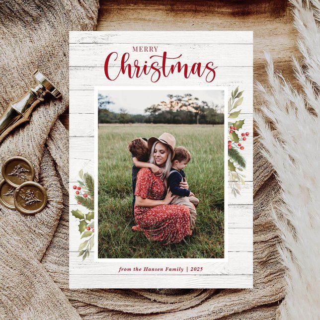 Weihnachtsfamilien Foto Grün Weißholz Flat Feiertagskarte (Von Creator hochgeladen)