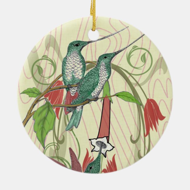 Weihnachtsfamilien Foto Vintage Hummingvögel Keramikornament (Hinten)