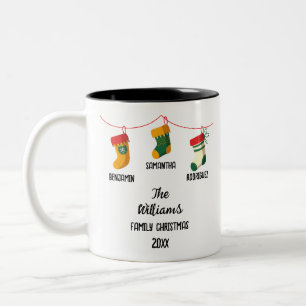 Weihnachtsfamilien-Strümpfe mit 3 Namen Zweifarbige Tasse