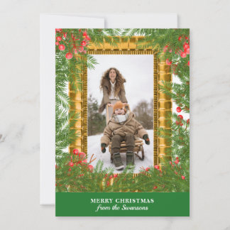 Weihnachtsfamilienfoto Goldrahmen Immergrün Beeren Feiertagskarte