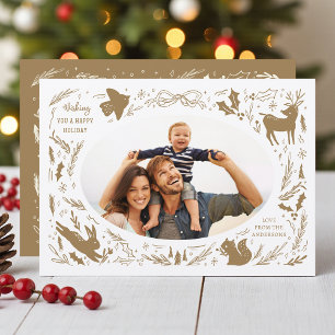 Weihnachtsfamilienfoto in Weiß-Taupe-Waldkulisse Feiertagskarte