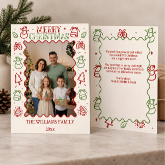 Weihnachtsfamilienfoto mit roter und grüner Doodle Feiertagskarte