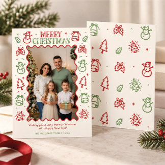 Weihnachtsfamilienfoto mit roter und grüner Doodle Feiertagskarte