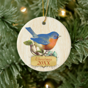 Weihnachtsfamilienfoto Vintage Blaue Vogel Keramik Ornament