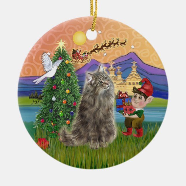 Weihnachtsfantasie - Norwegische Waldkatze Keramikornament (Vorne)