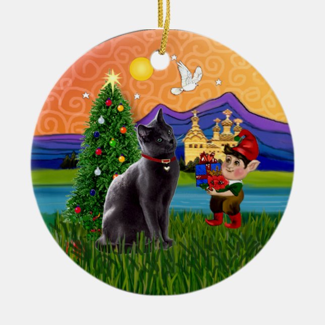 Weihnachtsfantasy - Russische Blaue Katze Keramik Ornament (Vorne)