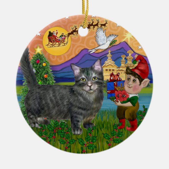 Weihnachtsfantasy - Tabby Munchkin Cat Keramikornament (Vorne)