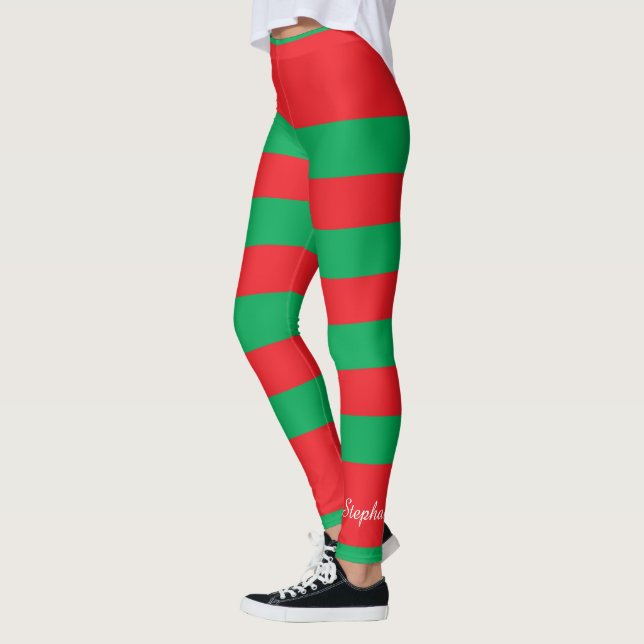 Weihnachtsfarbe, Rote und Grüne Streifen mit Namen Leggings (Links)