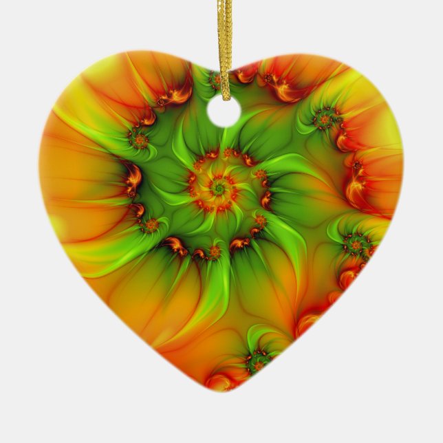 Weihnachtsfarben Abstraktes farbiges Fraktal Herz Keramik Ornament (Vorne)