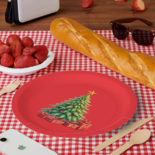 Weihnachtsfarben, dekorierter Weihnachtsbaum, Pappteller