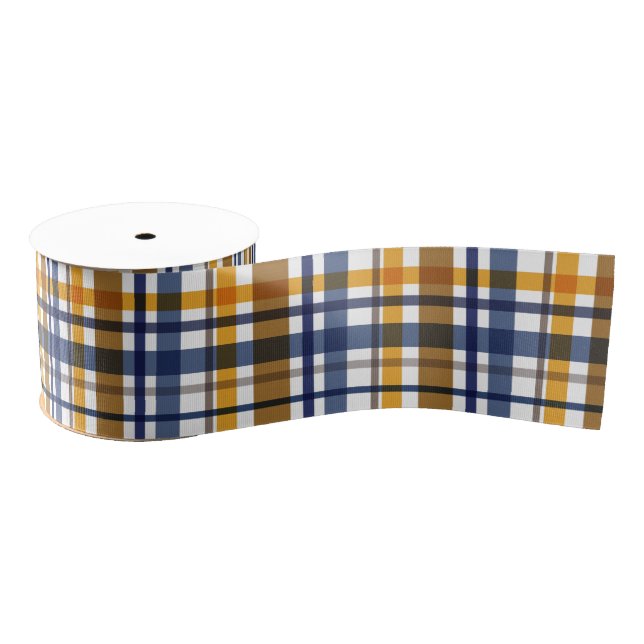 Weihnachtsfarben Kariert Navy Yellow Brown Ripsband (Spule)