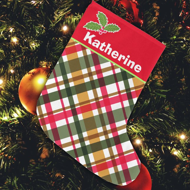 Weihnachtsfarben Karierter Strumpf Großer Weihnachtsstrumpf (Christmas Festival Spirit Colors Plaid Design. )