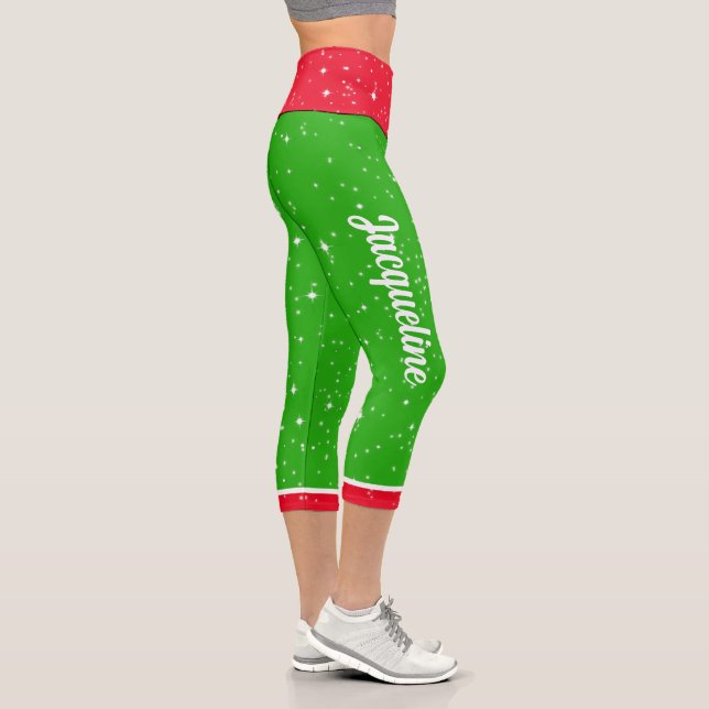 Weihnachtsfarben mit Ihrem Namen in Weiß - GRÜNE Capri Leggings (Rechts)