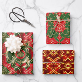 Weihnachtsfarben Rot-grünes Gold Damask nahtlos Geschenkpapier Set