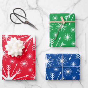 Weihnachtsfarben und Schneeflocken Geschenkpapier Set