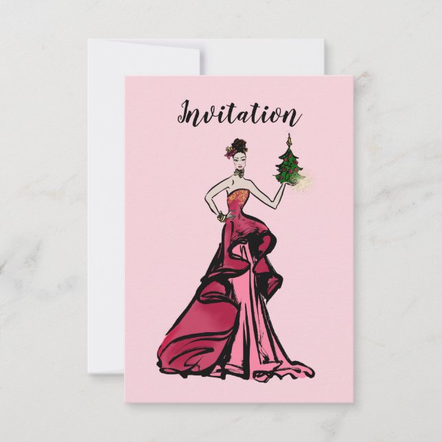 Weihnachtsfashion-Illustration mit Baum Einladung (Vorderseite)