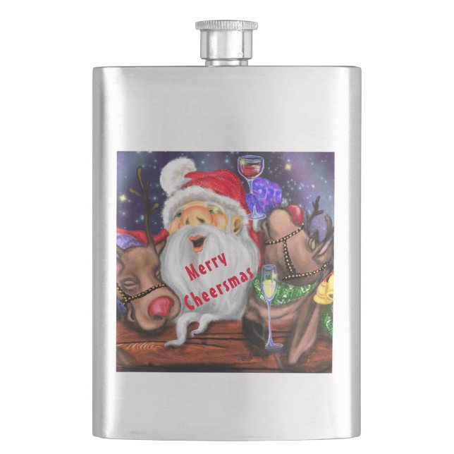 Weihnachtsfass und Reindeers Funny Christmas Flask Flachmann (Vorderseite)