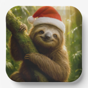 Weihnachtsfaultier mit Santa-Hut Pappteller