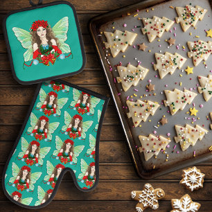 Weihnachtsfee Fantasy Stechpalmen-Glocken Weihnach Ofenhandschuh & Topflappen-Set