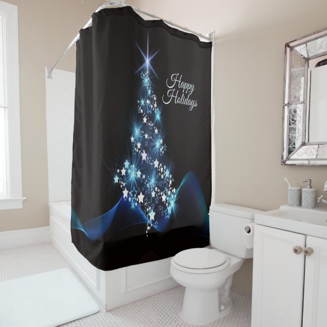 Weihnachtsfeier Blaue Baum Glänzend Schwarz Elegan Duschvorhang (Beispiel)