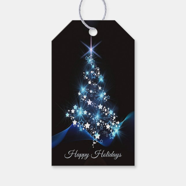 Weihnachtsfeier Blaue Baum Glänzend Schwarz Elegan Geschenkanhänger (Vorderseite)