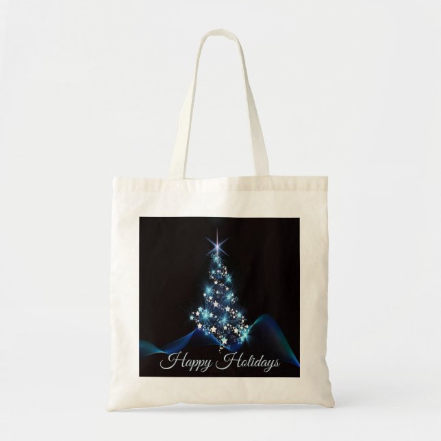 Weihnachtsfeier Blaue Baum Glänzend Schwarze Elega Tragetasche (Vorne)