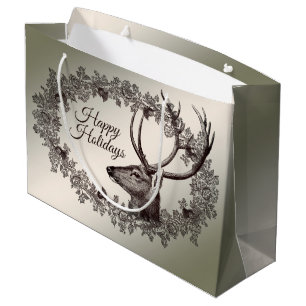 Weihnachtsfeier Blumige Rentiere Golden Winter Große Geschenktüte
