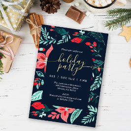 Weihnachtsfeier Botanisch Rot Floral Blau  Folien Feiertagskarte