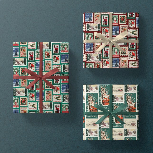 Weihnachtsfeier Briefmarke Retro Trio Geschenk Geschenkpapier Set (Von Creator hochgeladen)